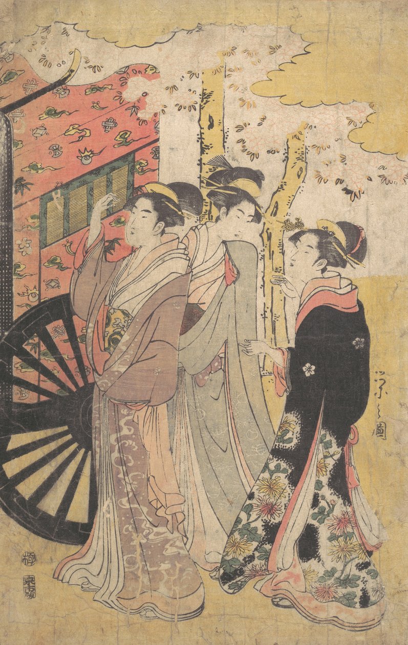 Lady in a Court Carriage katselemassa kirsikankukkia, n. 1796 Kansei 8. tekijältä Hosoda Eishi