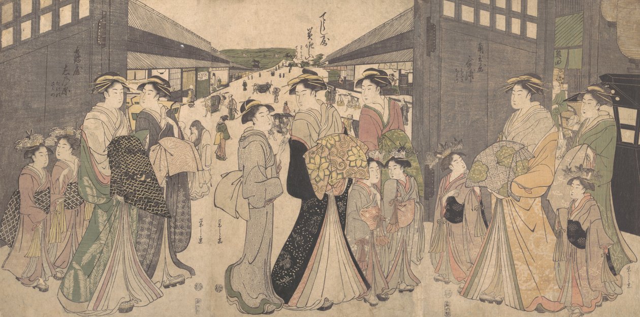 Oiran ja avustajat O Monilla tai Yoshiwaran suurella portilla, n. 1794. tekijältä Hosoda Eishi