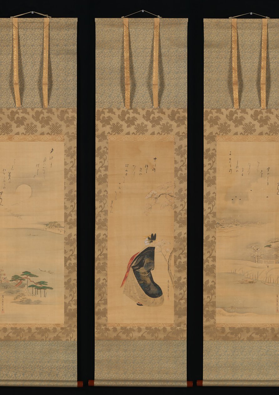 Lumi, kuu ja kirsikankukkia Yoshiwara kolmessa vuodenajassa, 1800-luvun alku. tekijältä Hosoda Eishi