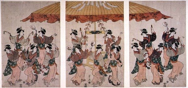 Sumiyoshi Dance, triptyykki, n. 1791 (värillinen puupainatus) tekijältä Hosoda Eishi