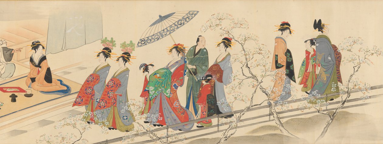 Kolme onnen jumalaa vierailee Yoshiwarassa..., 1800-luvun alussa. tekijältä Hosoda Eishi