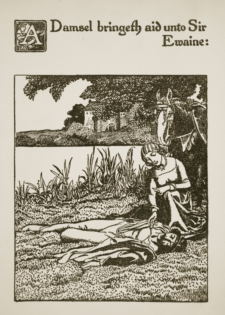 Tyttö tuo apua Sir Ewainelle, esimerkki teoksesta "Sir Launcelotin ja hänen seuralaistensa tarina", 1907 tekijältä Howard Pyle