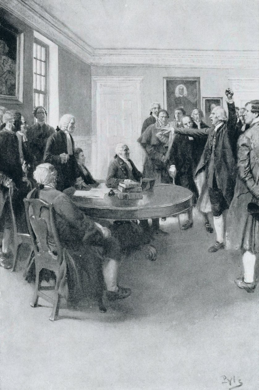 Teurastuksen jälkeen: Samuel Adams vaatii kuvernööri Hutchinsonilta brittiläisten joukkojen välitöntä vetäytymistä, kuvitus Woodrow Wilsonin teoksesta "Colonies and Nation", pub. Harper