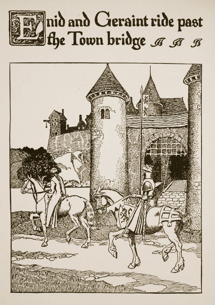 Enid ja Geraint ratsastavat Town Bridgen ohi, kuvitus teoksesta Graalin tarina ja Arthurin ohi, n. 1910 tekijältä Howard Pyle