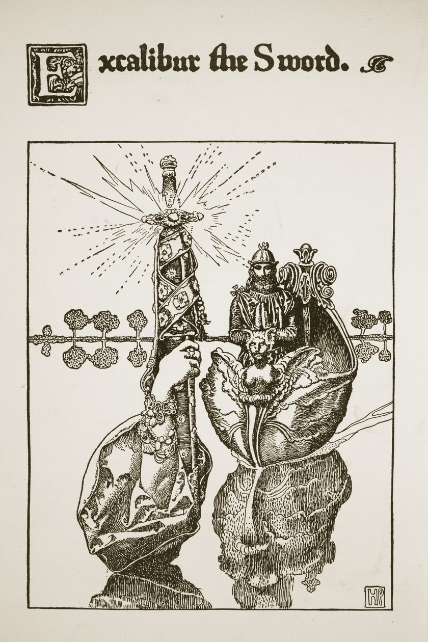 Excalibur the Sword, kuvitus julkaisusta "Kuningas Arthurin ja hänen ritariensa tarina", 1903 tekijältä Howard Pyle