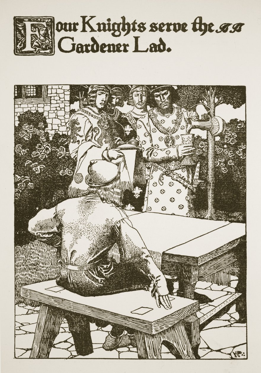 Neljä ritaria palvelee Puutarhuripoikaa, esimerkki julkaisusta "Kuningas Arthurin ja hänen ritareidensa tarina", 1903 tekijältä Howard Pyle