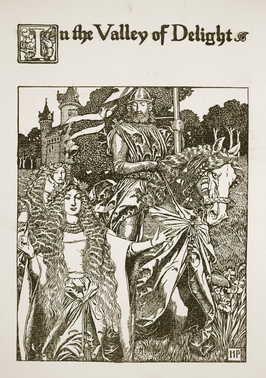 In the Valley of Delight, kuvitus "Kuningas Arthurin ja hänen ritariensa tarinasta", 1903 tekijältä Howard Pyle