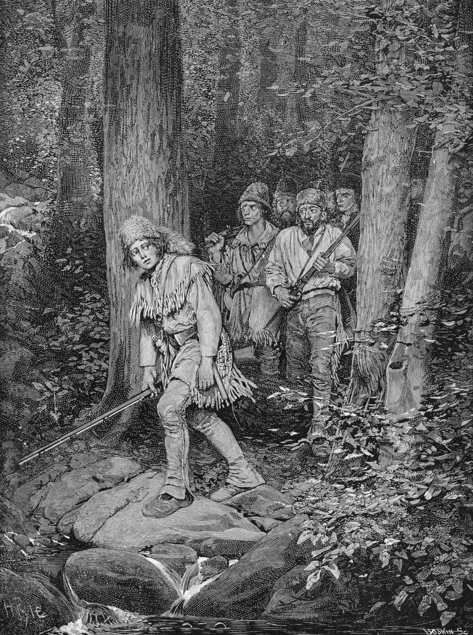 Joseph Brown johtaa seuruettaan Nicojackiin, chickamaugojen linnoitukseen, kaiverrettu Robert Hoskinin toimesta, kuvitus Edmund Kirken teoksesta 