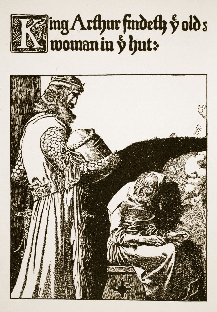 Kuningas Arthur löytää vuoden ikäisen naisen mökistänne, kuva "Kuningas Arthurin ja hänen ritariensa tarina", 1903 tekijältä Howard Pyle