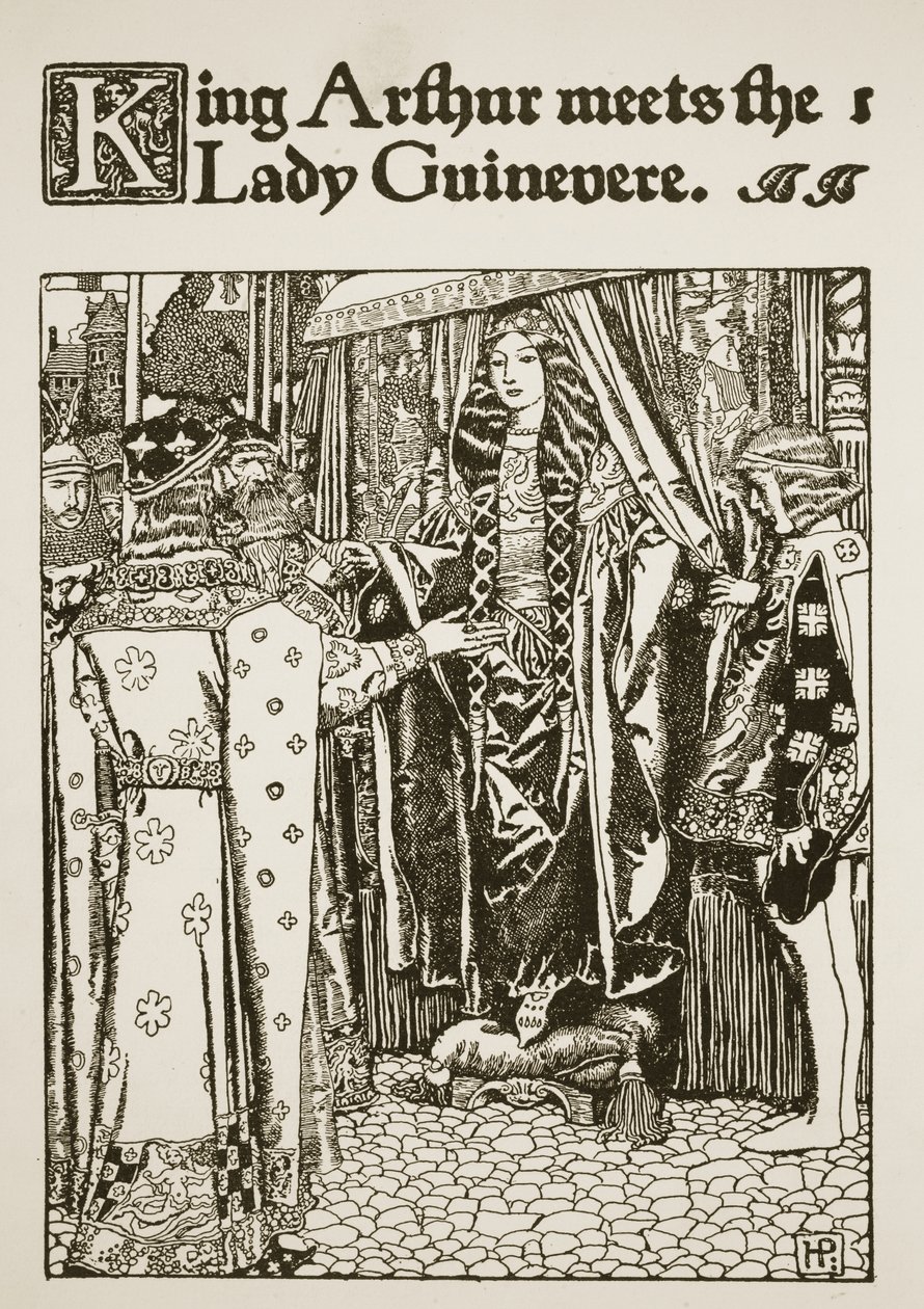 Kuningas Arthur tapaa Lady Guineveren, kuvitus elokuvasta "Kuningas Arthurin ja hänen ritareidensa tarina", 1903 tekijältä Howard Pyle