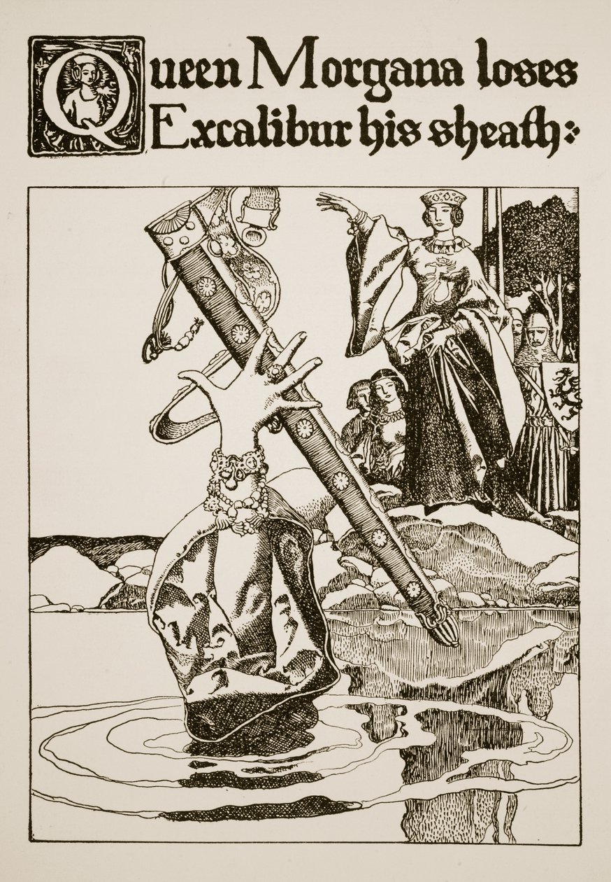 Kuningatar Morgana menettää Excaliburin tupen, kuvitus elokuvasta "Kuningas Arthurin ja hänen ritareiden tarina", 1903 tekijältä Howard Pyle