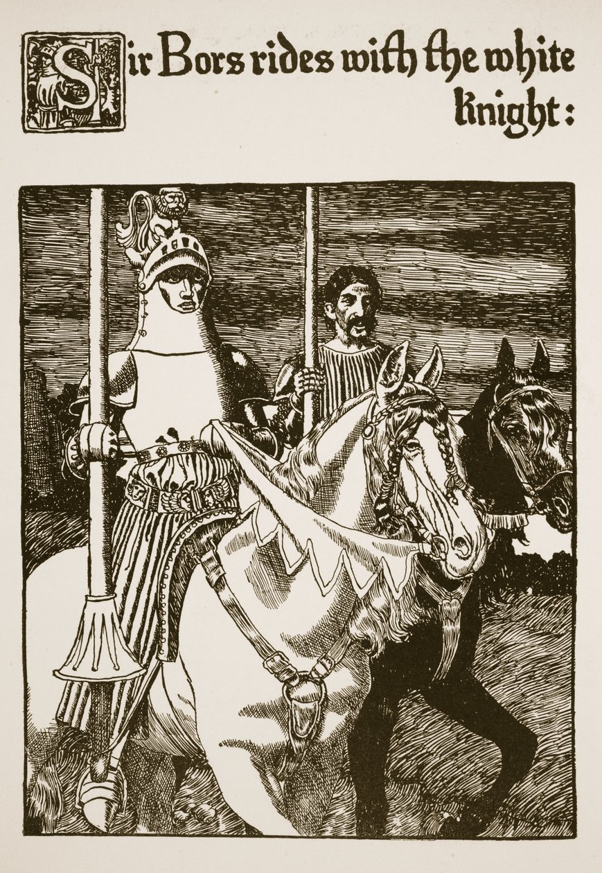 Sir Bors ratsastaa Valkoisen Ritarin kanssa, kuvitus "Graalin tarinasta ja Arthurin kuolemasta", n. 1910 tekijältä Howard Pyle