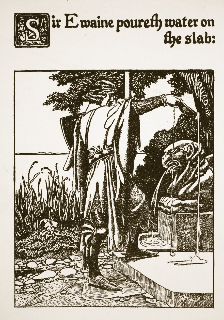 Sir Ewaine kaataa vettä laatalle, kuvitus teoksesta "Sir Launcelotin ja hänen seuralaistensa tarina", 1907 tekijältä Howard Pyle