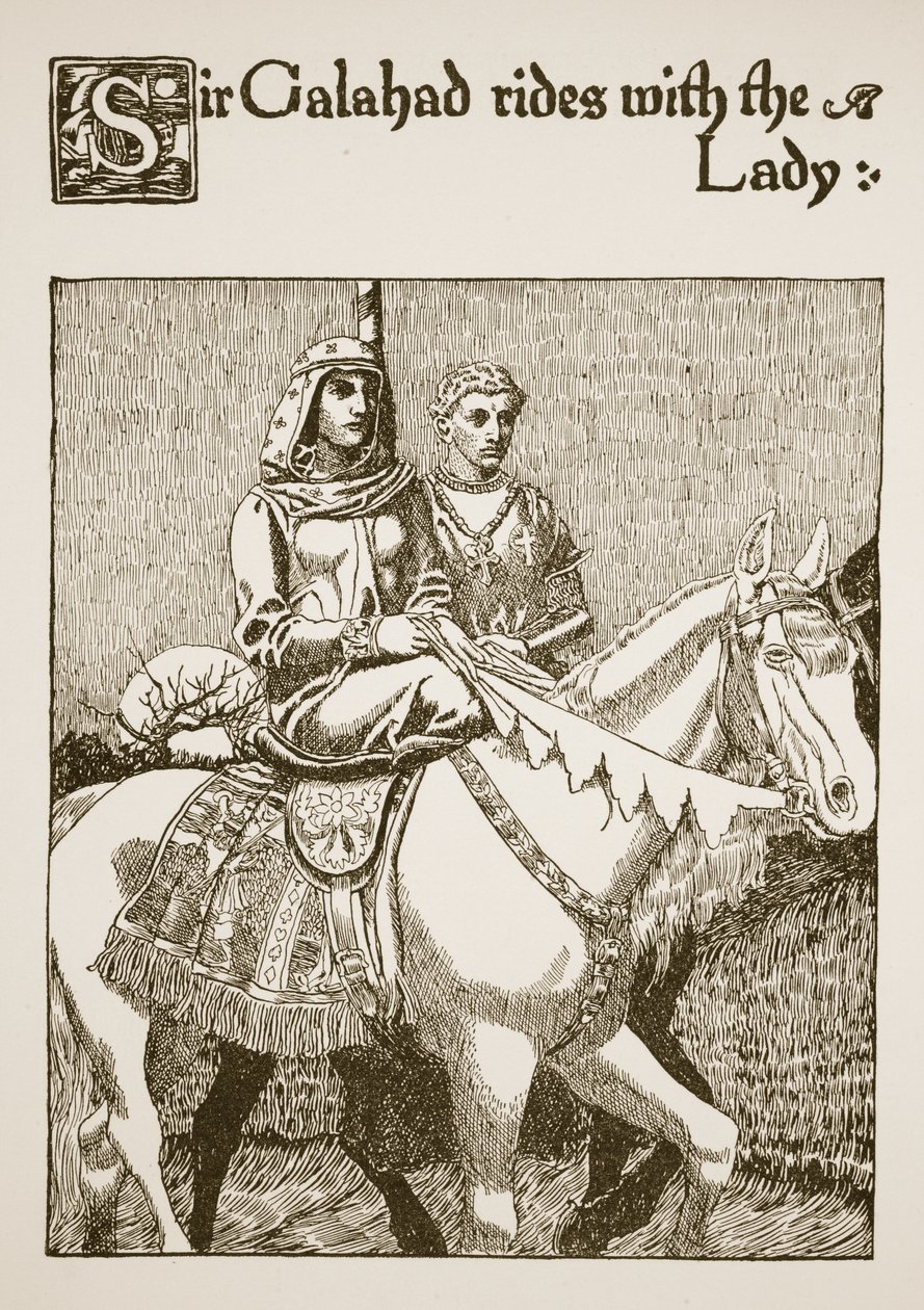 Sir Galahad ratsastaa rouvan kanssa, kuvitus teoksesta The Story of the Graal and the Passing of Arthur, n. 1910 tekijältä Howard Pyle