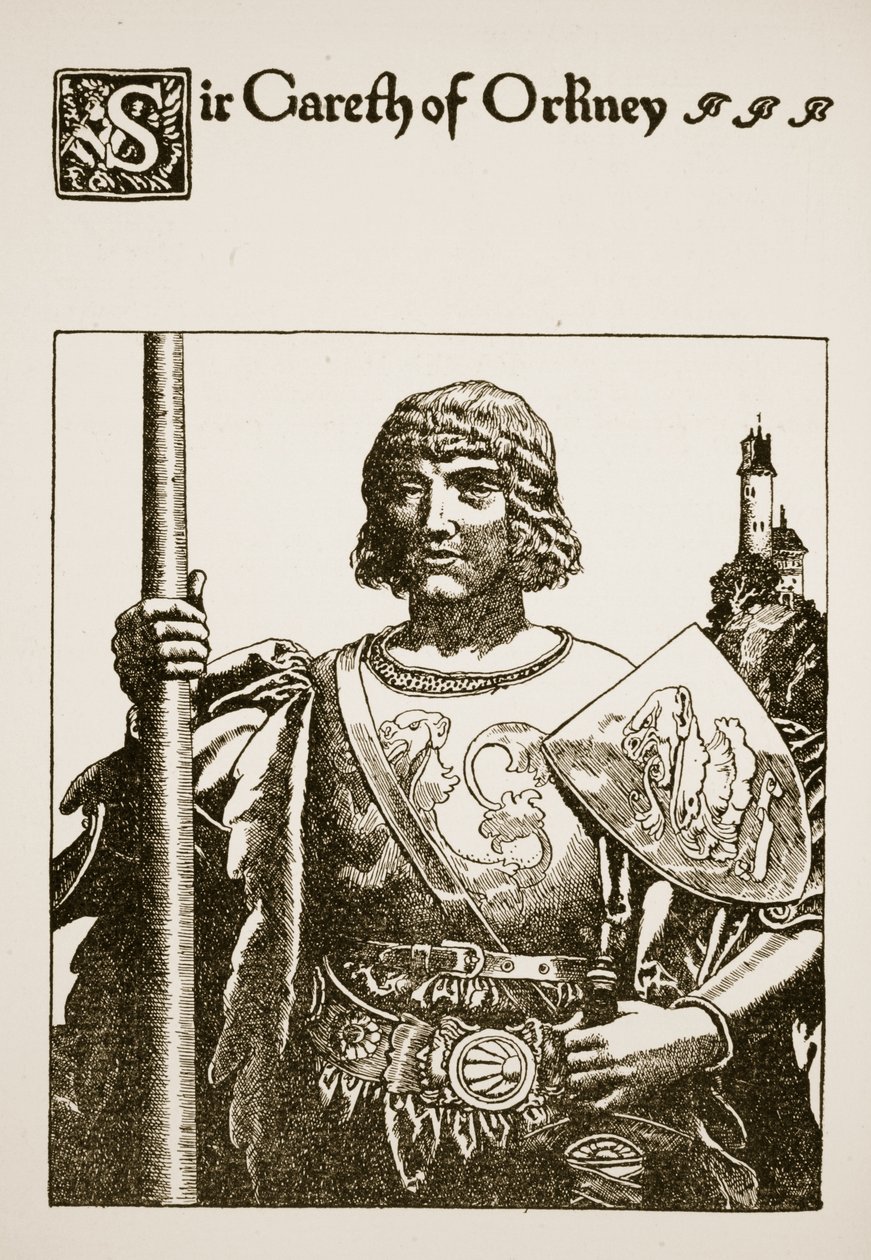 Sir Gareth of Orkney, kuvitus teoksesta "Sir Launcelotin ja hänen seuralaistensa tarina", 1907 tekijältä Howard Pyle