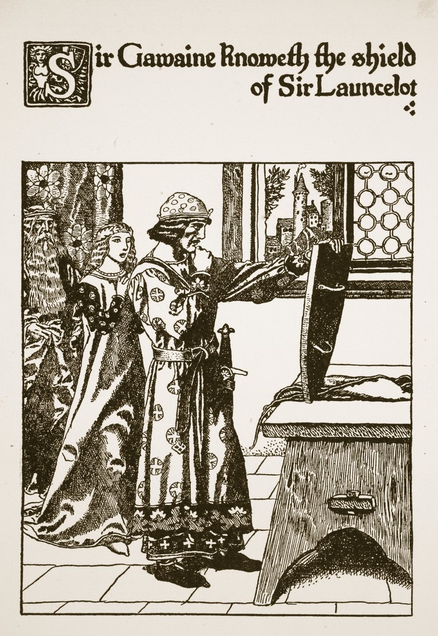 Sir Gawaine tuntee Sir Launcelotin kilven, esimerkki teoksesta "Sir Launcelotin ja hänen seuralaistensa tarina", 1907 tekijältä Howard Pyle