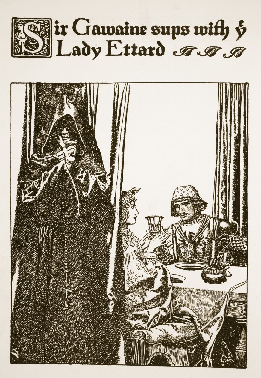 Sir Gawaine ruokailee lady Ettardin kanssa, kuvitus teoksesta "Kuningas Arthurin ja hänen ritariensa tarina", 1903 tekijältä Howard Pyle