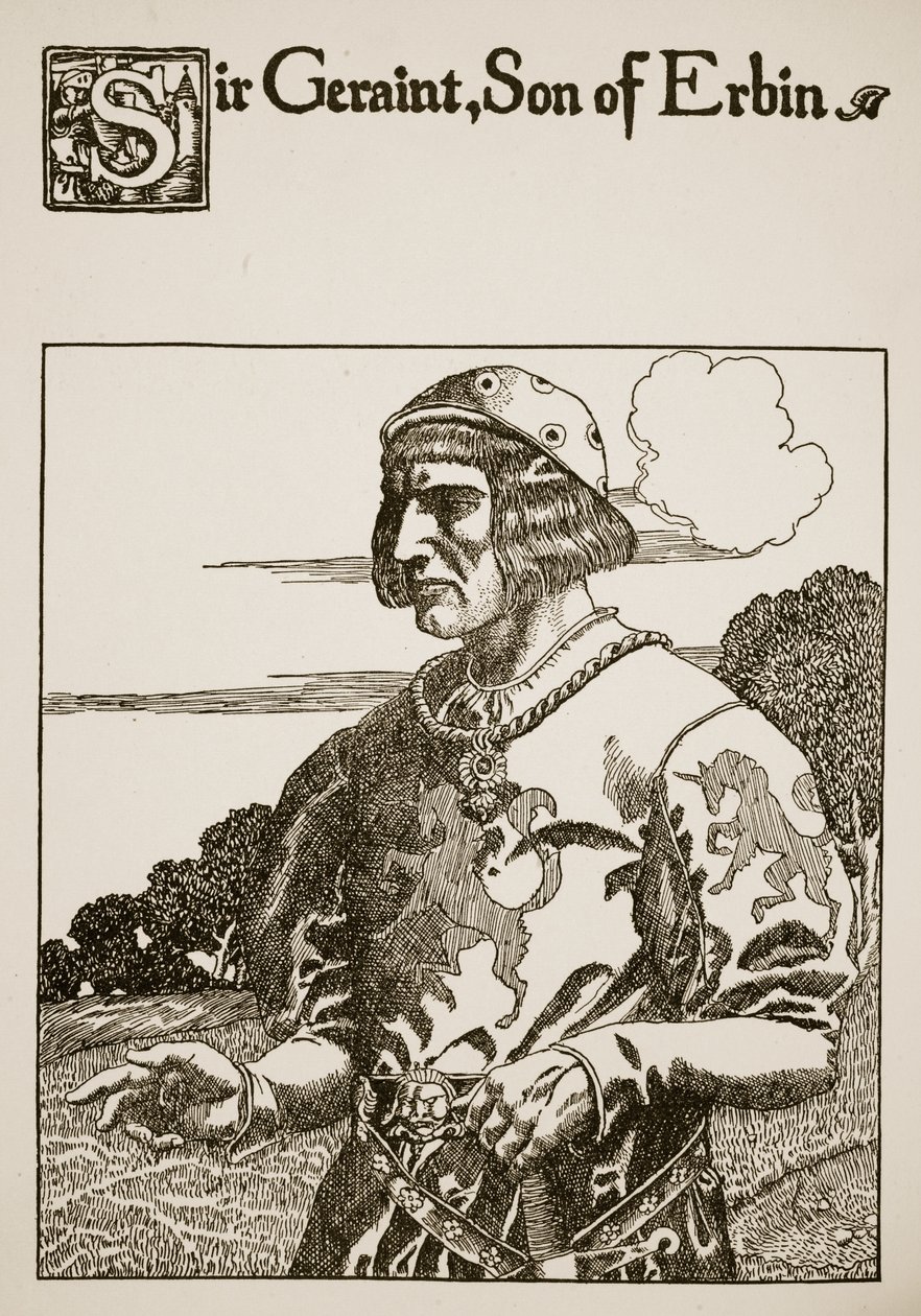Sir Geraint, Erbinin poika, kuvitus teoksesta Graalin tarina ja Arthurin kuolema, n. 1910 tekijältä Howard Pyle