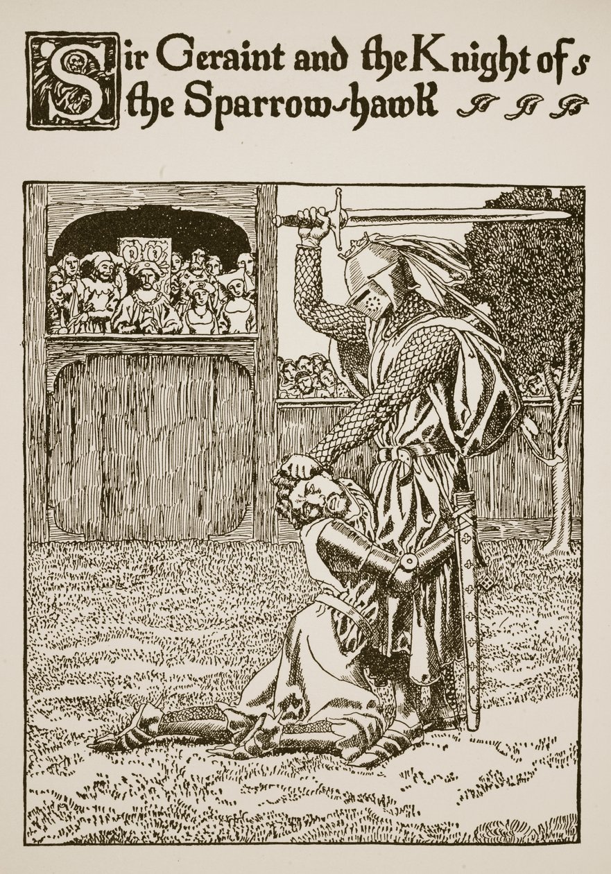 Sir Geraint ja Sparrow-Hauk-ritari, kuvitus teoksesta Graalin tarina ja Arthurin kuolema, n. 1910 tekijältä Howard Pyle