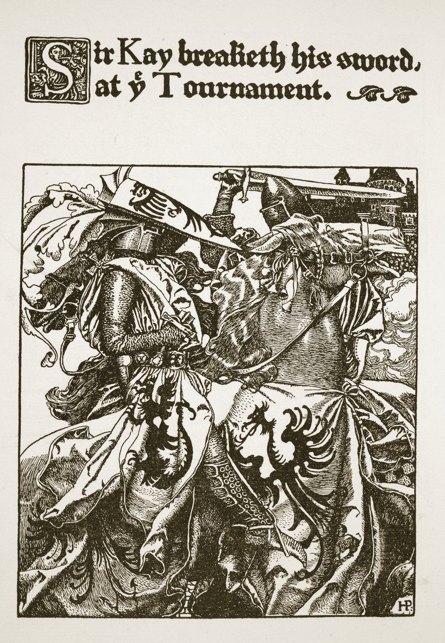 Sir Kay murtaa miekkansa turnauksessa, kuvitus artikkelista "The Story of King Arthur and his Knights", 1903 tekijältä Howard Pyle