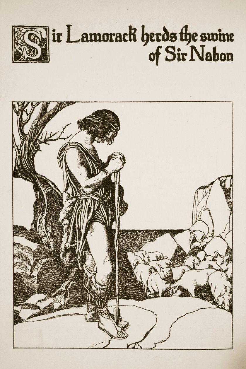 Sir Lamorack paimentaa Sir Nabonin sikoja, esimerkki teoksesta "Pyöreän pöydän mestarien tarina" tekijältä Howard Pyle