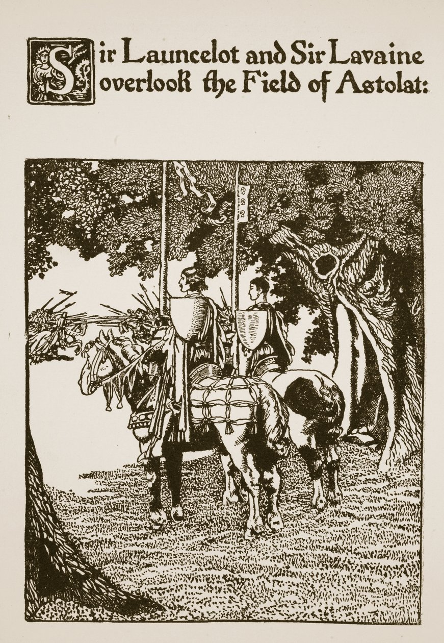 Sir Launcelot ja Sir Lavaine näkevät näkymät Astolatin kentälle, esimerkki teoksesta "Sir Launcelotin ja hänen seuralaistensa tarina", 1907 tekijältä Howard Pyle