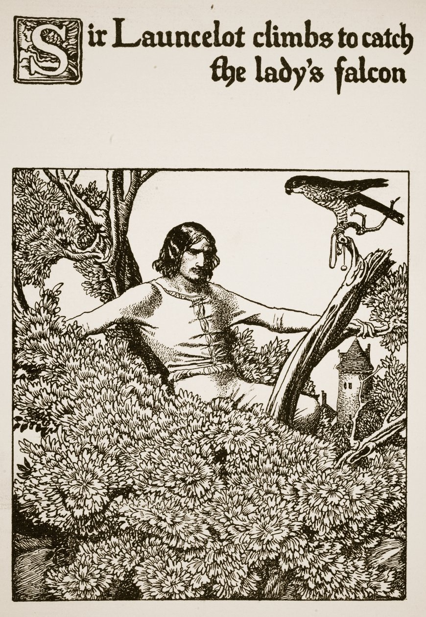 Sir Launcelot kiipeää pyytämään naisen haukkaa, esimerkki elokuvasta The Story of the Champions of the Round Table tekijältä Howard Pyle
