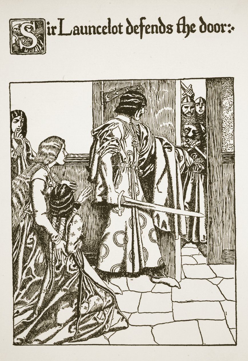 Sir Launcelot puolustaa ovea, kuvitus teoksesta Graalin tarina ja Arthurin kuolema, n. 1910 tekijältä Howard Pyle