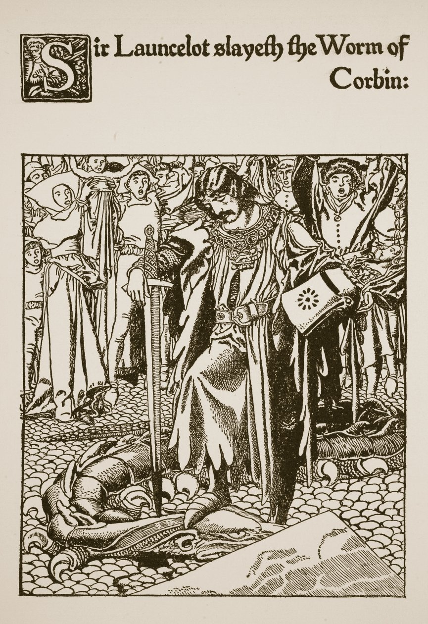Sir Launcelot tappaa Corbinin madon, esimerkki teoksesta "Sir Launcelotin ja hänen seuralaistensa tarina", 1907 tekijältä Howard Pyle