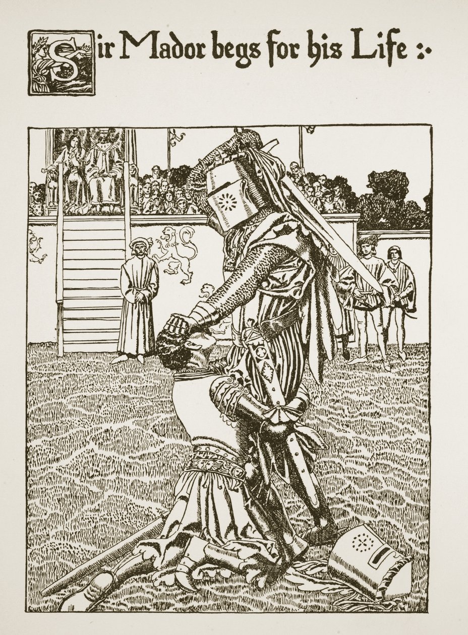 Sir Mador rukoilee henkensä edestä, kuvitus "Graalin tarinasta ja Arthurin kuolemasta", n. 1910 tekijältä Howard Pyle
