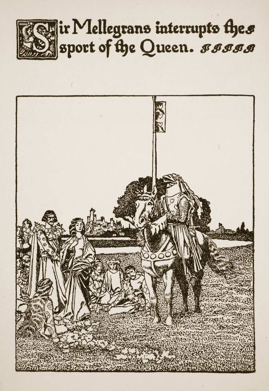 Sir Mellegrans keskeyttää kuningattaren urheilun, esimerkki teoksesta "The Story of Sir Launcelot and his Companions", 1907 tekijältä Howard Pyle