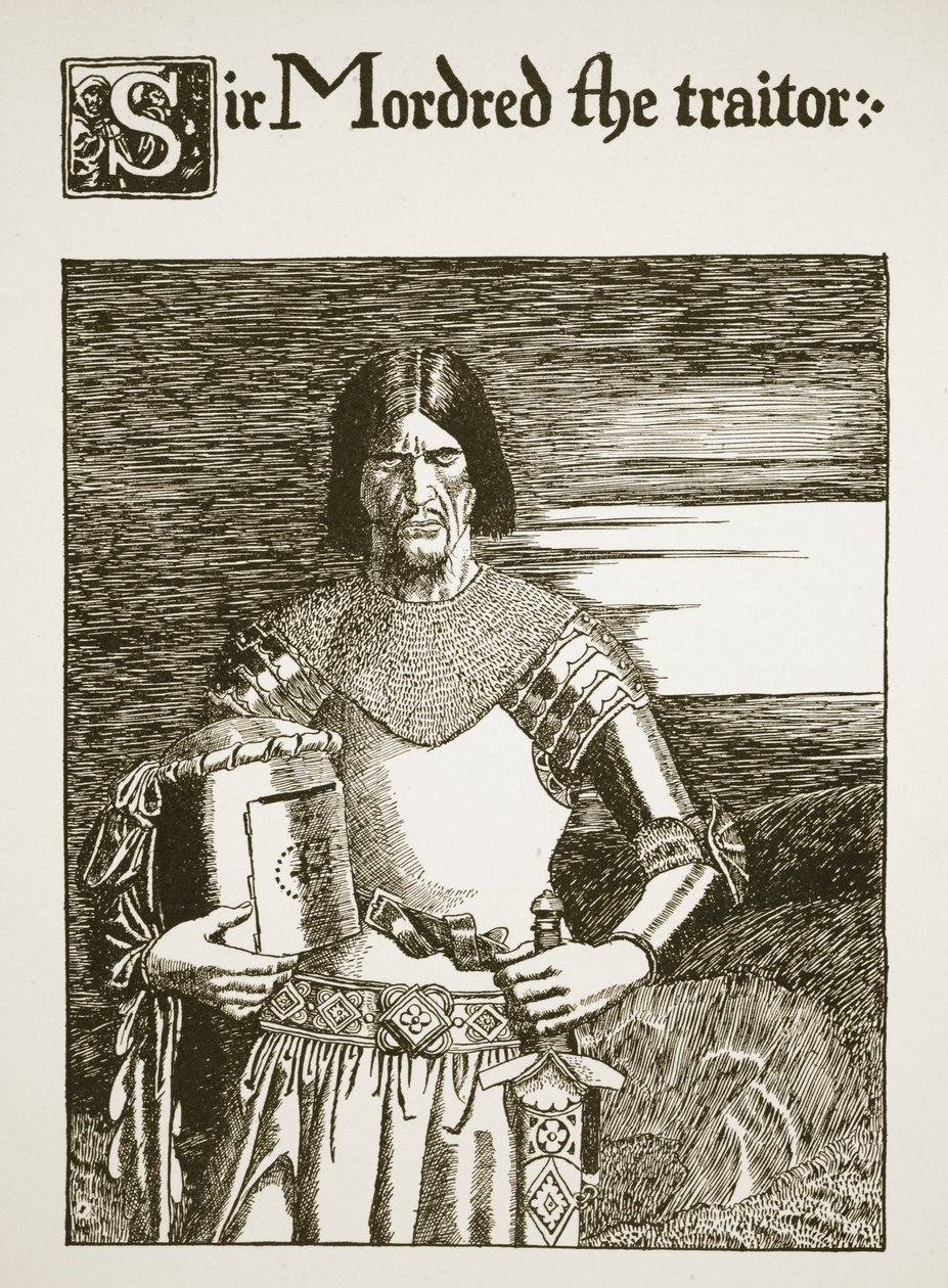 Sir Mordred, petturi, kuvitus teoksesta "Graalin maljan ja Arthurin poismenon tarina", noin 1910. tekijältä Howard Pyle
