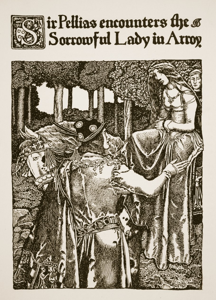 Sir Pellias kohtaa surullisen naisen Arroyssa, kuva elokuvasta "The Story of King Arthur and his Knights", 1903 tekijältä Howard Pyle