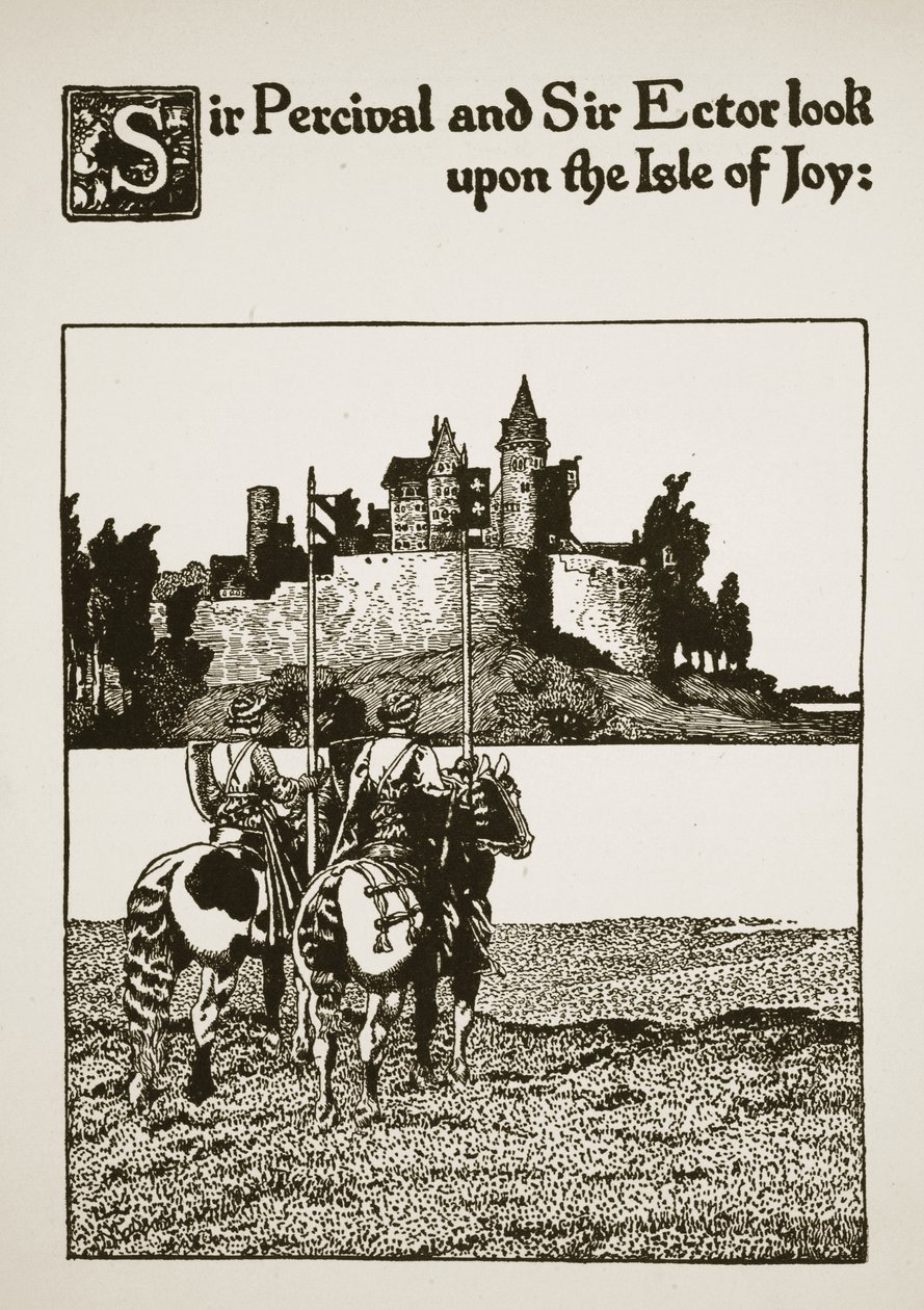 Sir Percival ja Sir Ector katselevat Isle of Joy -saarta, kuvitus teoksesta "Sir Launcelotin ja hänen seuralaistensa tarina", 1907 tekijältä Howard Pyle