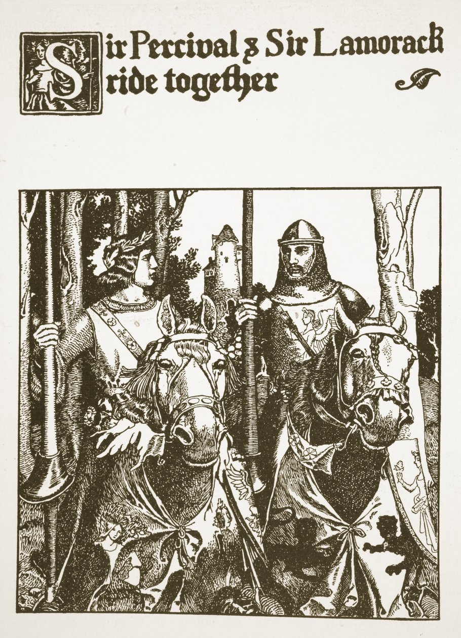 Sir Percival ja Sir Lamorack ratsastavat yhdessä, kuvitus elokuvasta "Pyöreän pöydän mestareiden tarina" tekijältä Howard Pyle
