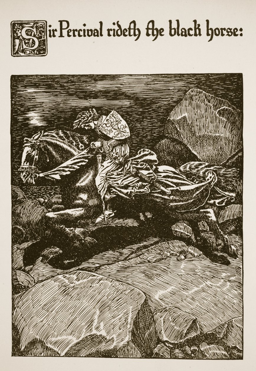 Sir Percival ratsastaa mustalla hevosella, kuvitus teoksesta The Story of the Graal and the Passing of Arthur, n. 1910 tekijältä Howard Pyle