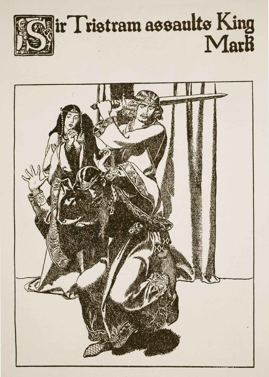 Sir Tristram hyökkää kuningas Markin kimppuun, kuva elokuvasta "Pyöreän pöydän mestareiden tarina" tekijältä Howard Pyle