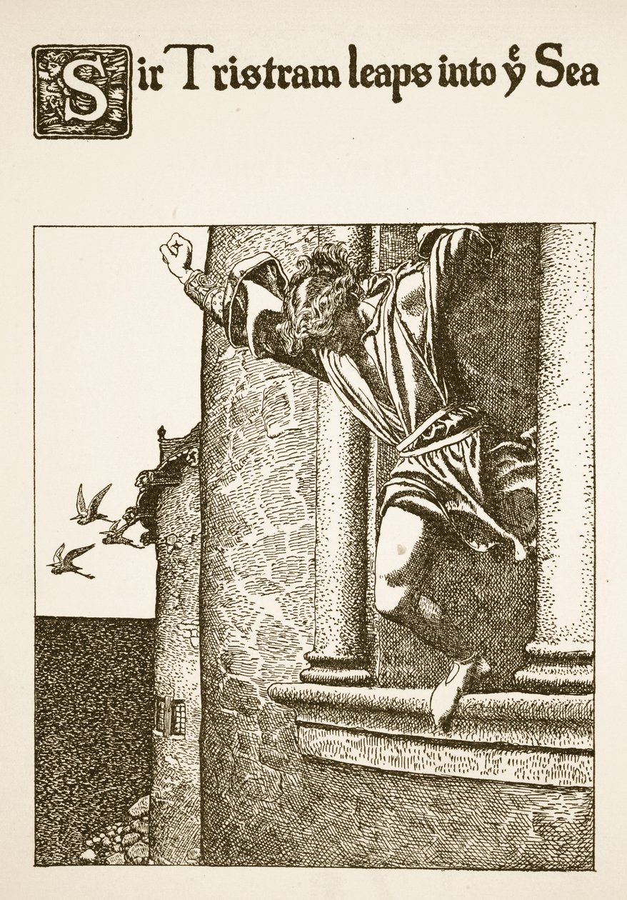 Sir Tristram hyppää mereen, esimerkki teoksesta "Pyöreän pöydän mestarien tarina" tekijältä Howard Pyle