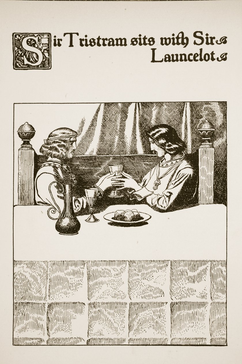Sir Tristram istuu Sir Launcelotin kanssa, piirros elokuvasta "Pyöreän pöydän mestareiden tarina" tekijältä Howard Pyle