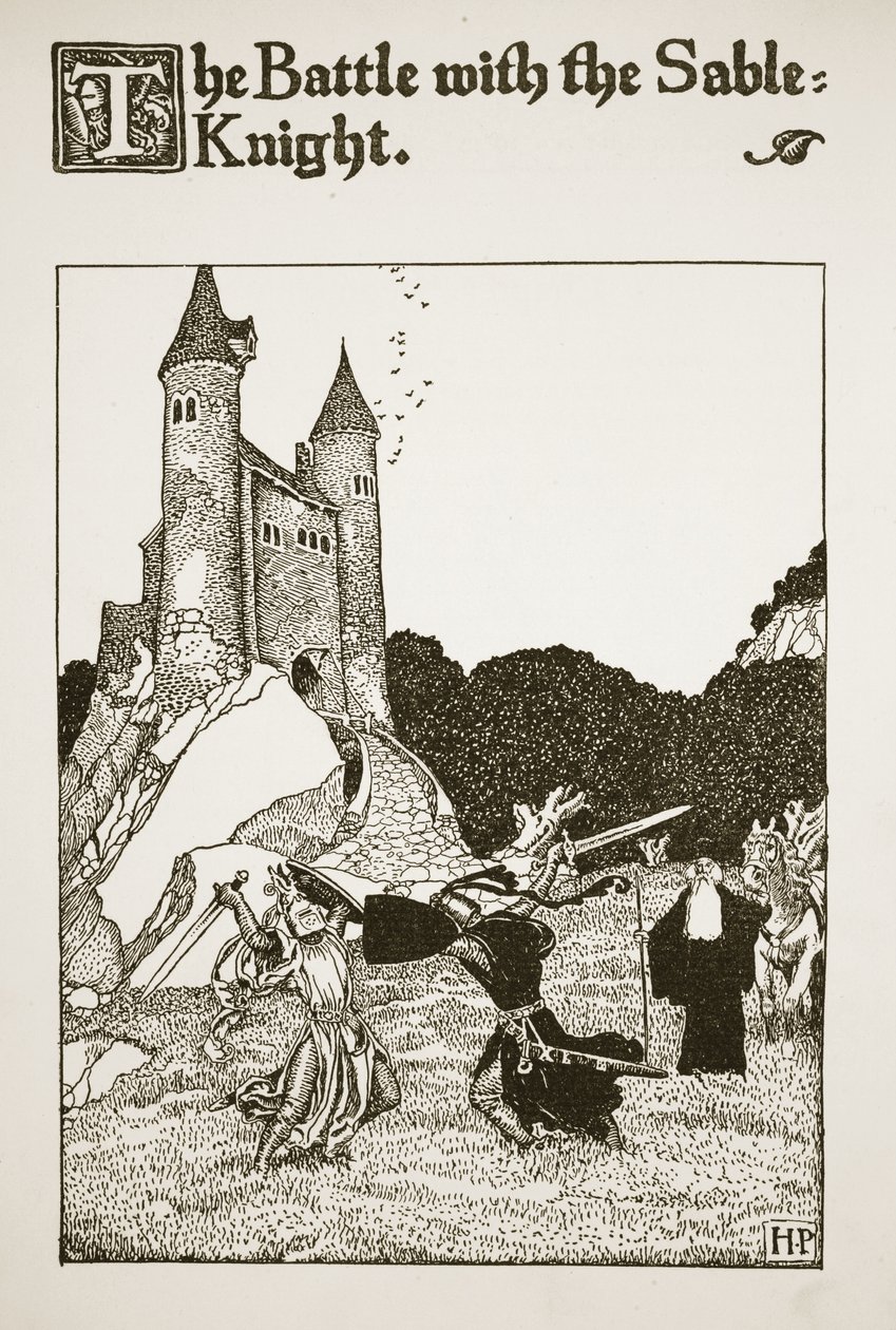 Taistelu soopeliritarin kanssa, kuvitus "Kuningas Arthurin ja hänen ritariensa tarinasta", 1903 tekijältä Howard Pyle