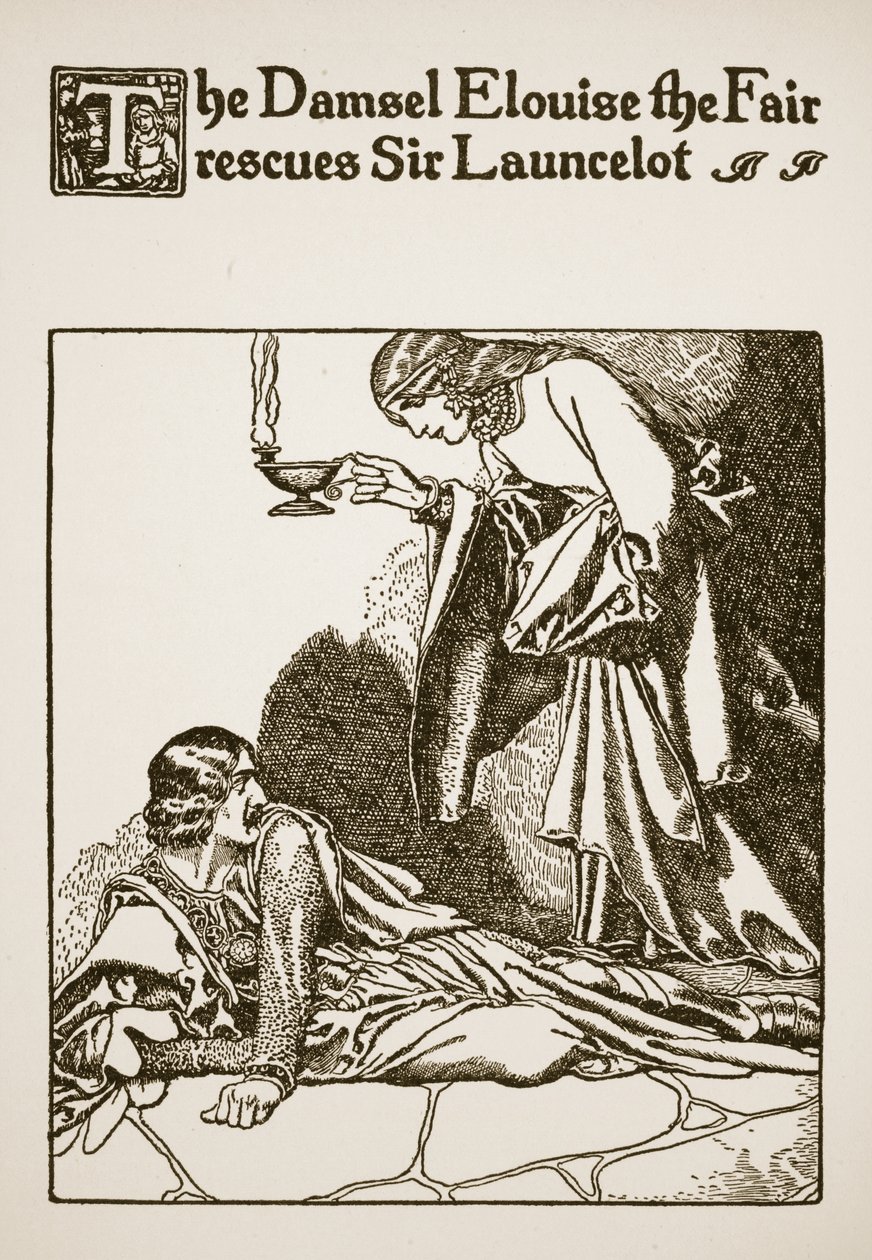 The Damsel Elouise the Fair pelastaa Sir Launcelotin, kuvitus teoksesta "Sir Launcelotin ja hänen seuralaistensa tarina", 1907 tekijältä Howard Pyle