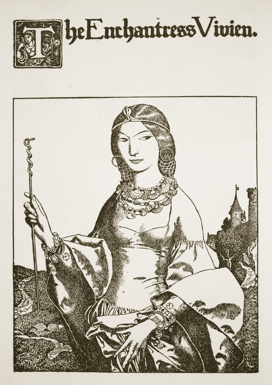 Lumoaja Vivien, kuvitus "Kuningas Arthurin ja hänen ritareidensa tarinasta", 1903 tekijältä Howard Pyle
