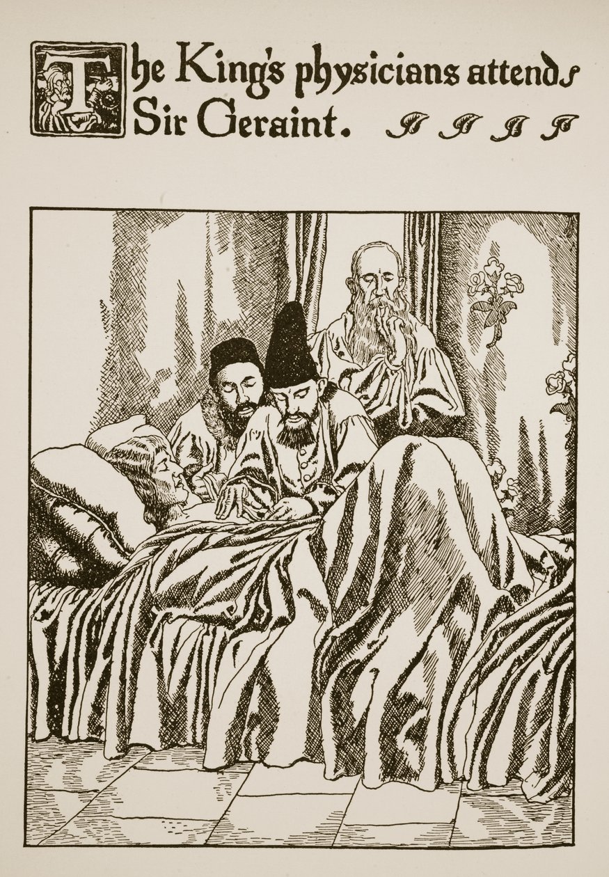Kuninkaan lääkärit osallistuvat Sir Geraintiin, kuva "Graalin tarinasta ja Arthurin kuolemasta", n. 1910 tekijältä Howard Pyle