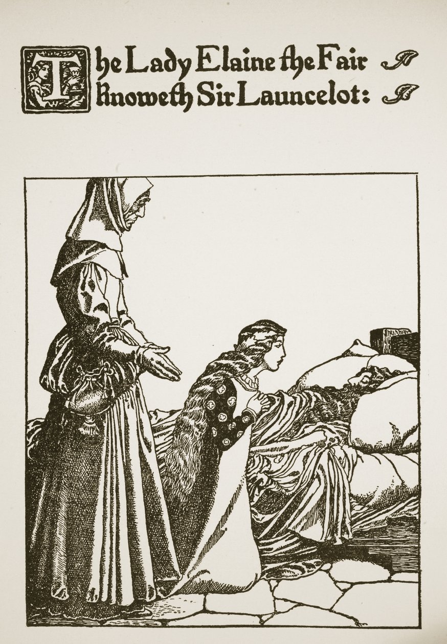 Lady Elaine the Fair tuntee Sir Launcelotin, kuvituksen "Sir Launcelotin ja hänen seuralaistensa tarinasta", 1907 tekijältä Howard Pyle