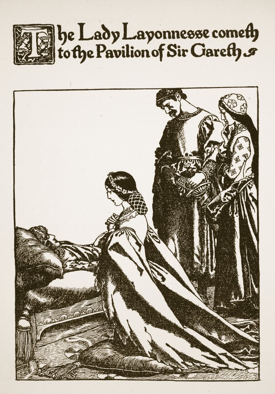 Lady Layonnesse saapuu Sir Garethin paviljonkiin, esimerkki teoksesta "Sir Launcelotin ja hänen seuralaistensa tarina", 1907 tekijältä Howard Pyle
