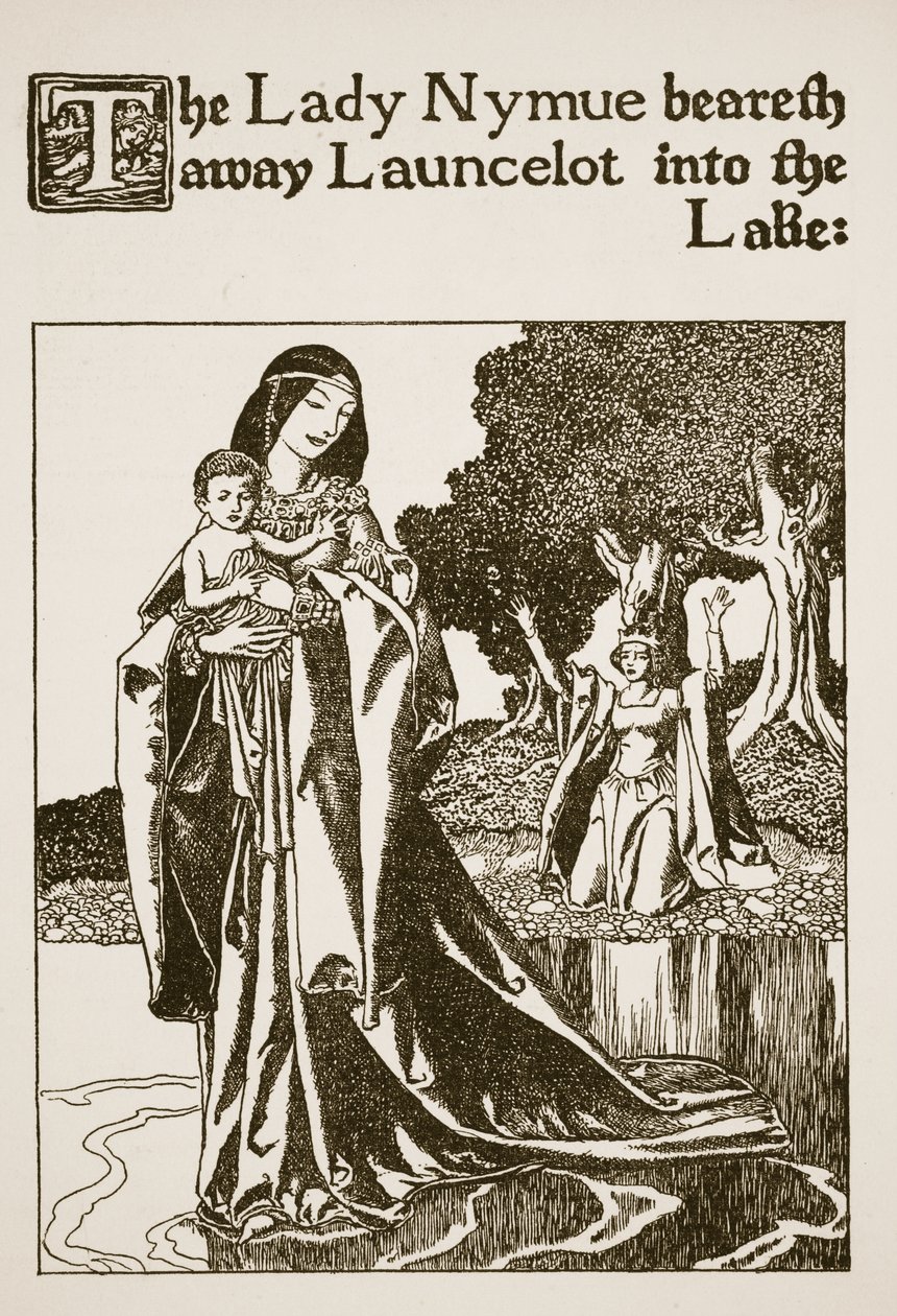 Lady Nymue kantaa Launcelotin järveen, kuva elokuvasta "Pyöreän pöydän mestarien tarina" tekijältä Howard Pyle