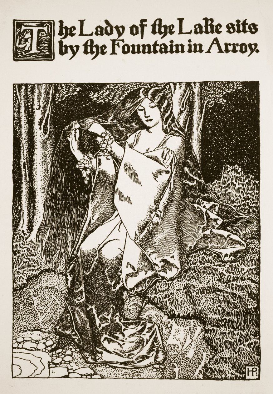 The Lady of the Lake istuu suihkulähteen vieressä Arroyssa, kuvitus elokuvasta "The Story of King Arthur and his Knights", 1903 tekijältä Howard Pyle