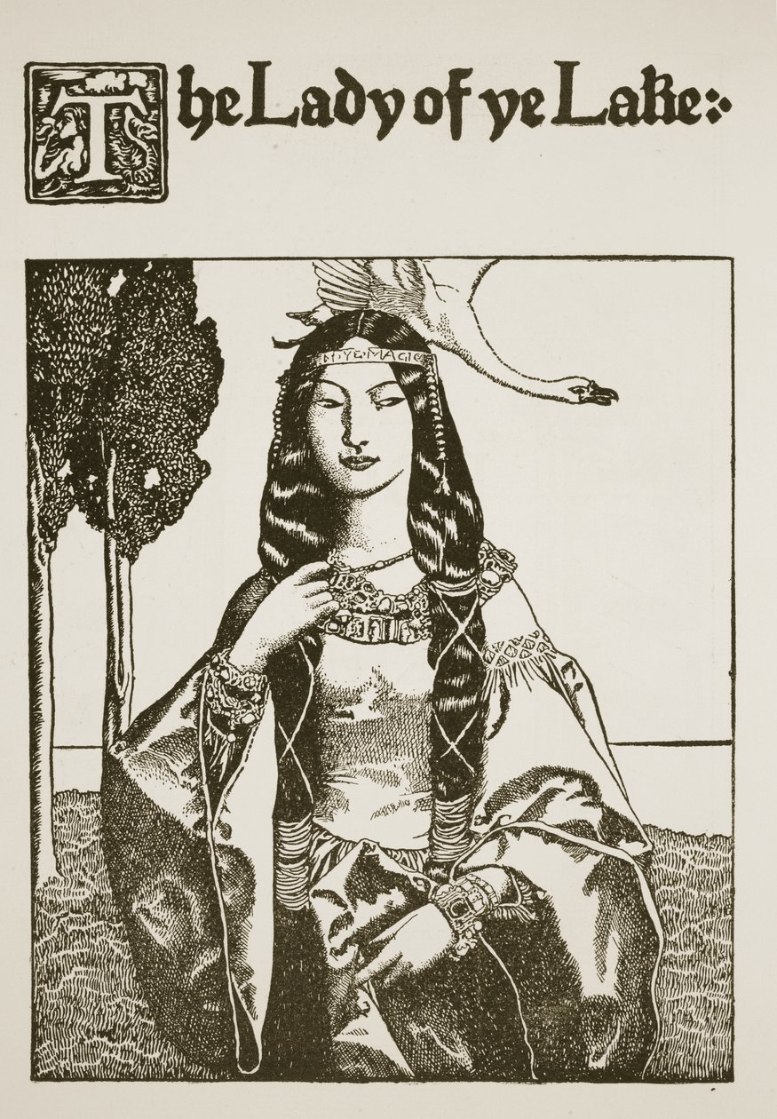Lady of ye Lake, kuvitus "Kuningas Arthurin ja hänen ritariensa tarinasta", 1903 tekijältä Howard Pyle