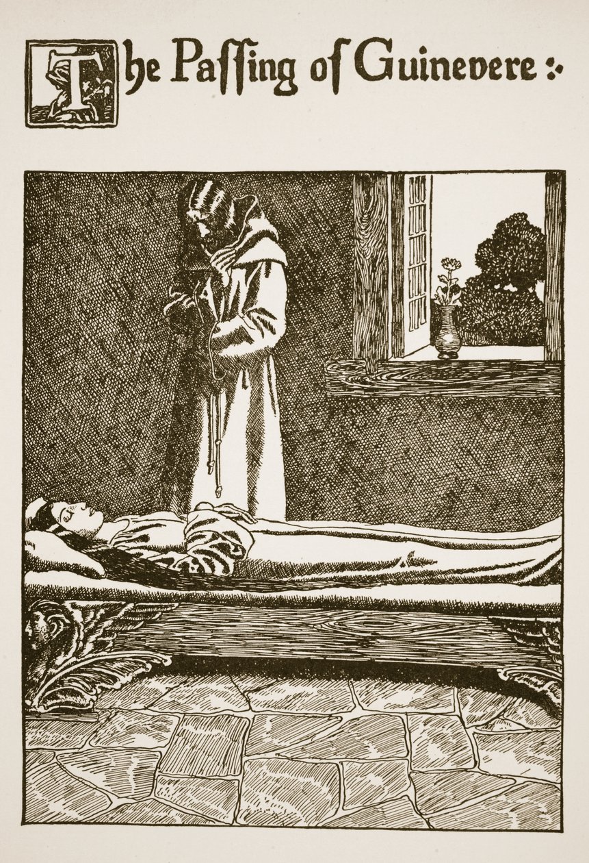 Guineveren kuolema, kuvitus teoksesta "Graalin tarina ja Arthurin kuolema", n. 1910 tekijältä Howard Pyle