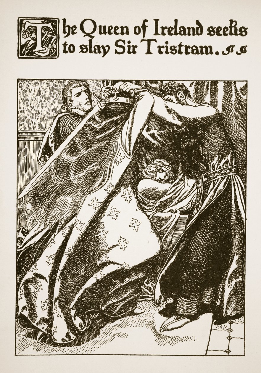 Irlannin kuningatar yrittää tappaa Sir Tristramin, esimerkki teoksesta "Pyöreän pöydän mestarien tarina" tekijältä Howard Pyle